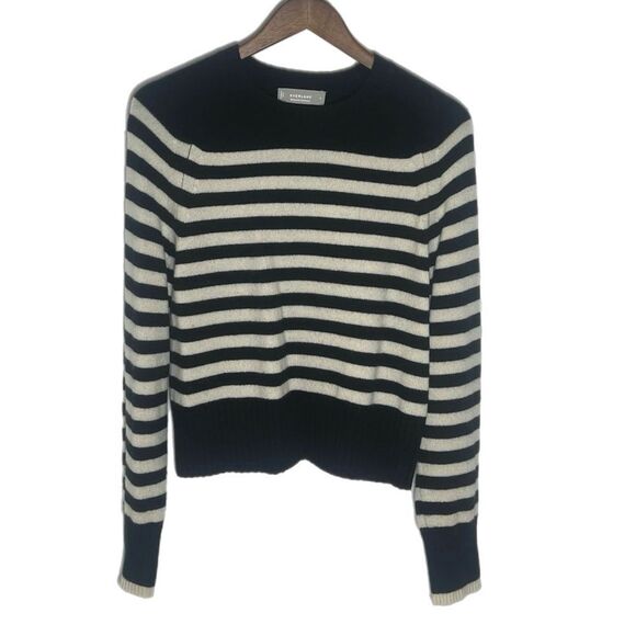 Everlane Navy and Cream Cashmere Cropped Striped Pullover Crewneck Sweater - Picture 2 of 6